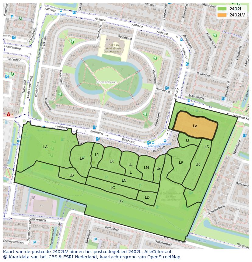 Afbeelding van het postcodegebied 2402 LV op de kaart.