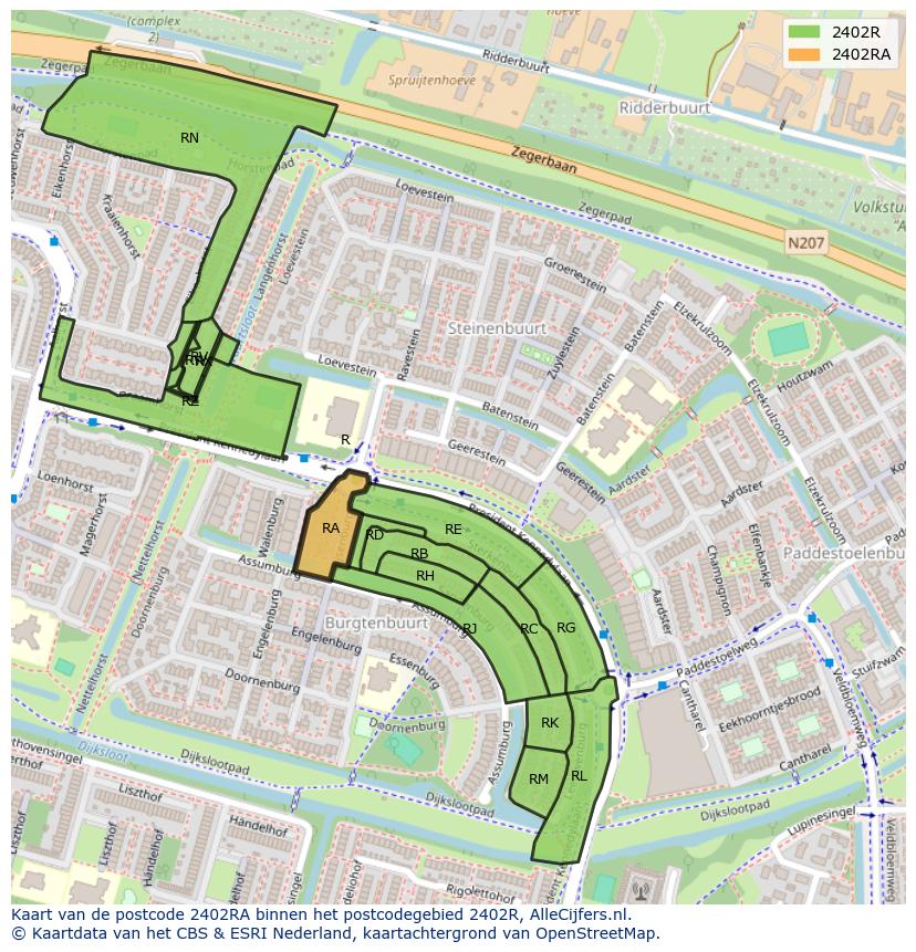 Afbeelding van het postcodegebied 2402 RA op de kaart.