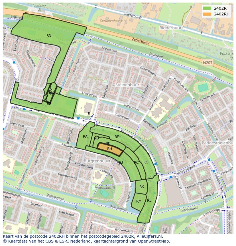 Afbeelding van het postcodegebied 2402 RH op de kaart.