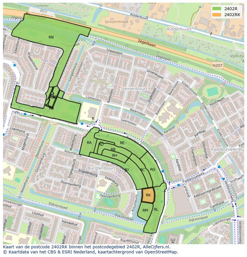 Afbeelding van het postcodegebied 2402 RK op de kaart.