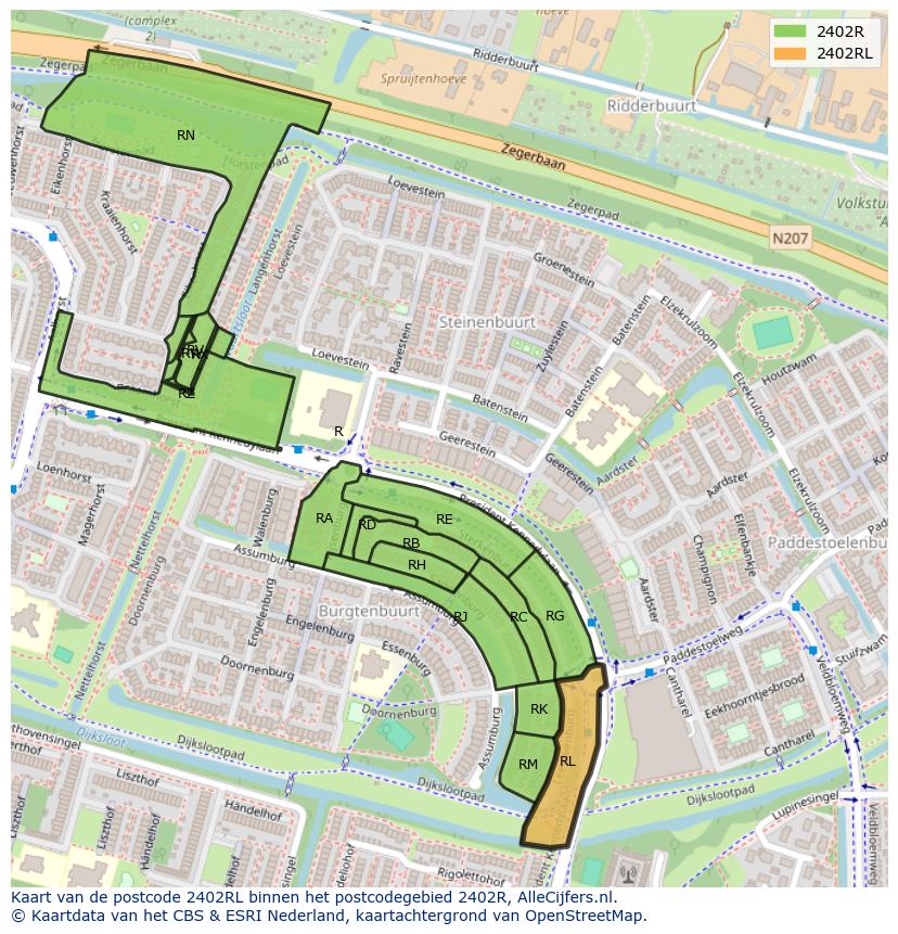 Afbeelding van het postcodegebied 2402 RL op de kaart.