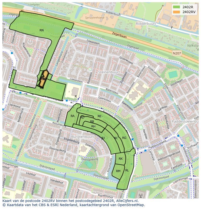 Afbeelding van het postcodegebied 2402 RV op de kaart.