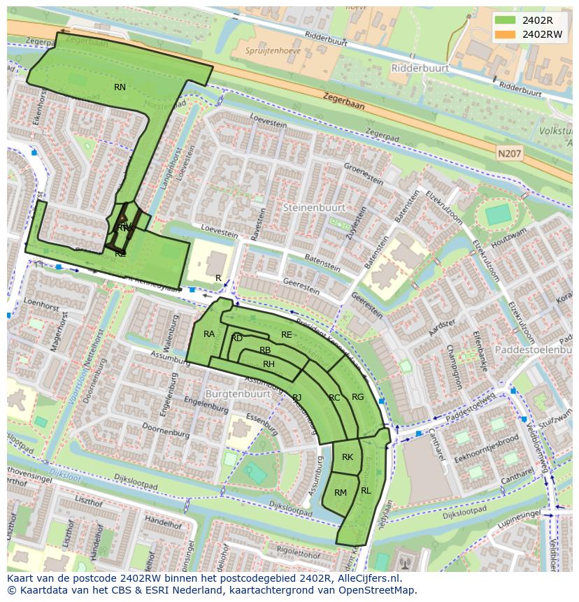 Afbeelding van het postcodegebied 2402 RW op de kaart.