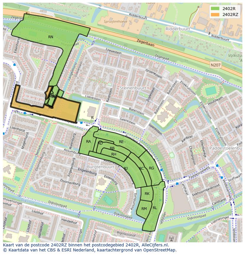 Afbeelding van het postcodegebied 2402 RZ op de kaart.