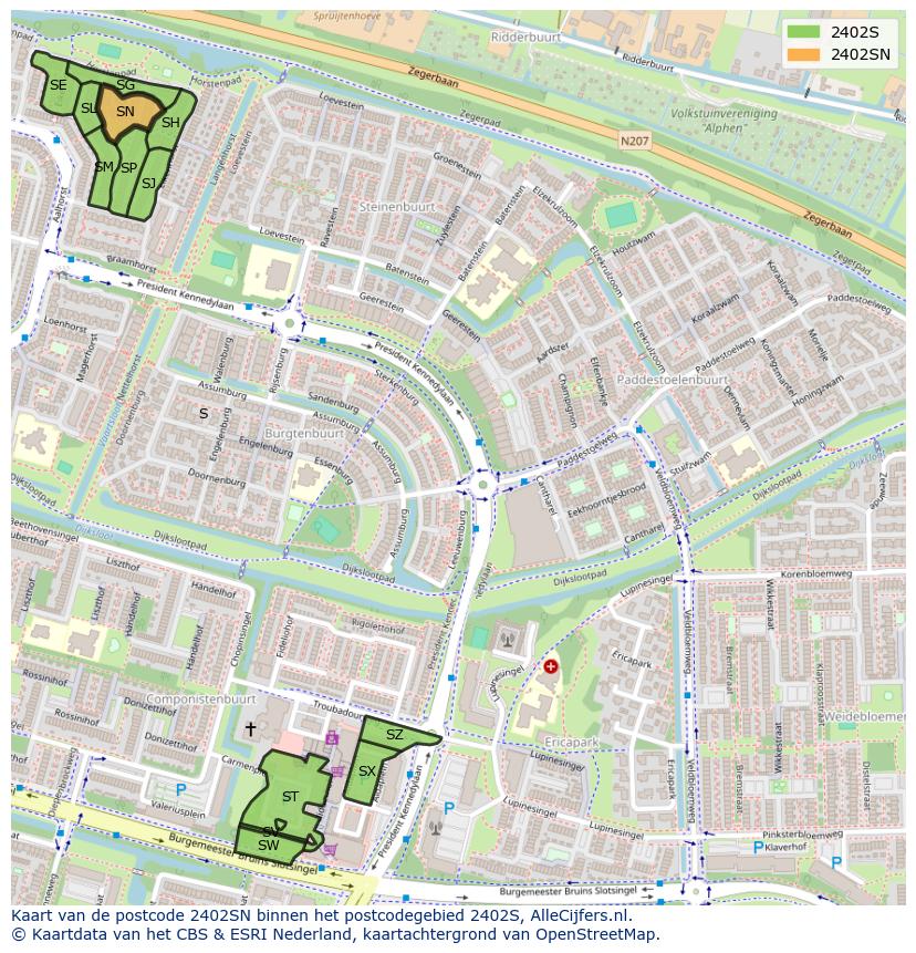 Afbeelding van het postcodegebied 2402 SN op de kaart.