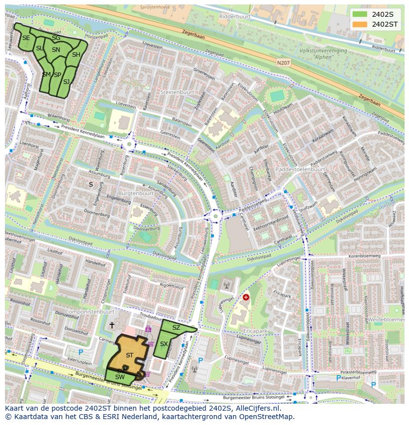 Afbeelding van het postcodegebied 2402 ST op de kaart.