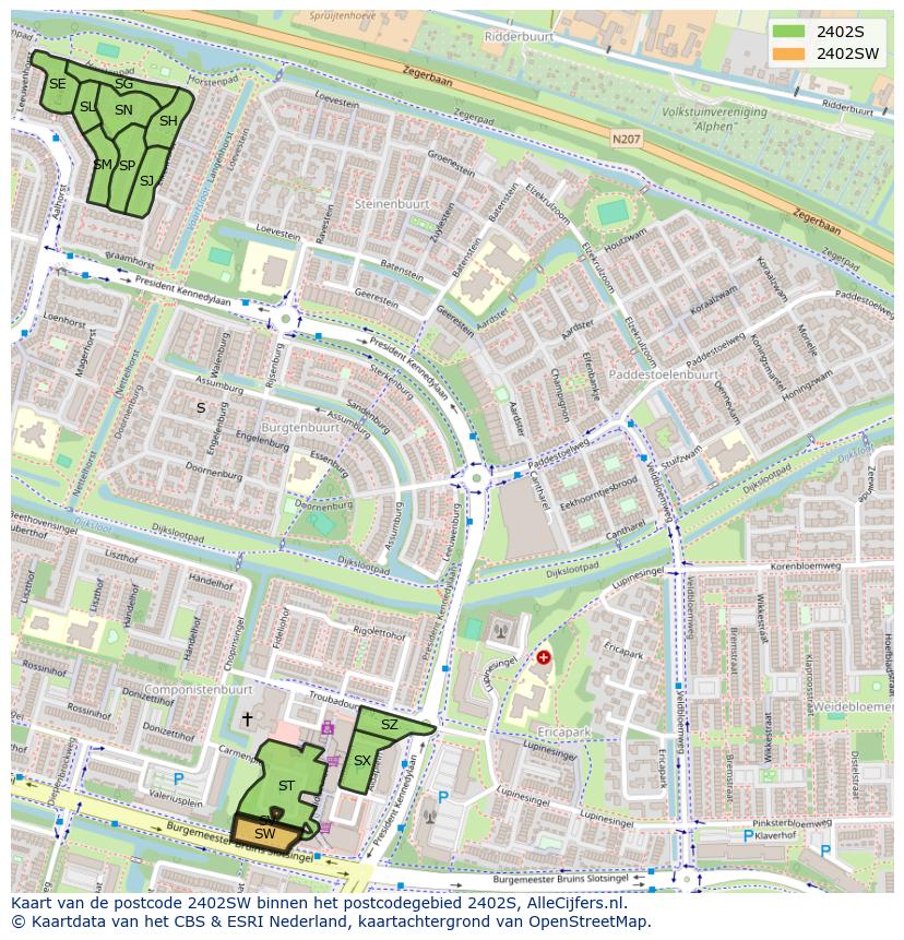 Afbeelding van het postcodegebied 2402 SW op de kaart.