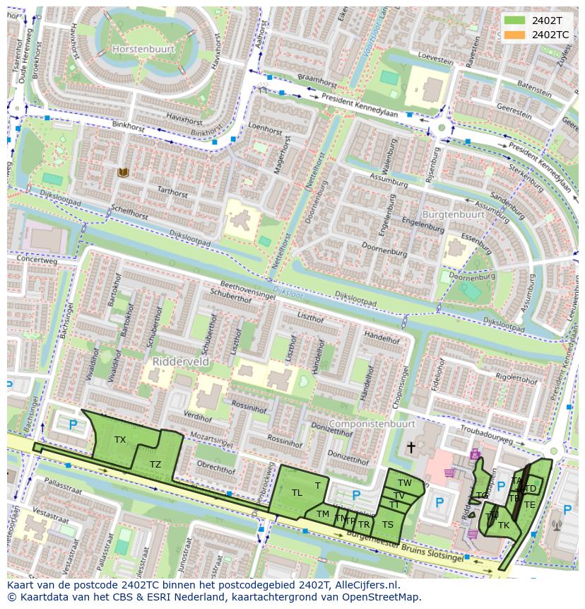 Afbeelding van het postcodegebied 2402 TC op de kaart.