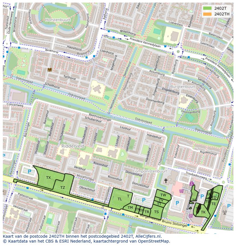 Afbeelding van het postcodegebied 2402 TH op de kaart.