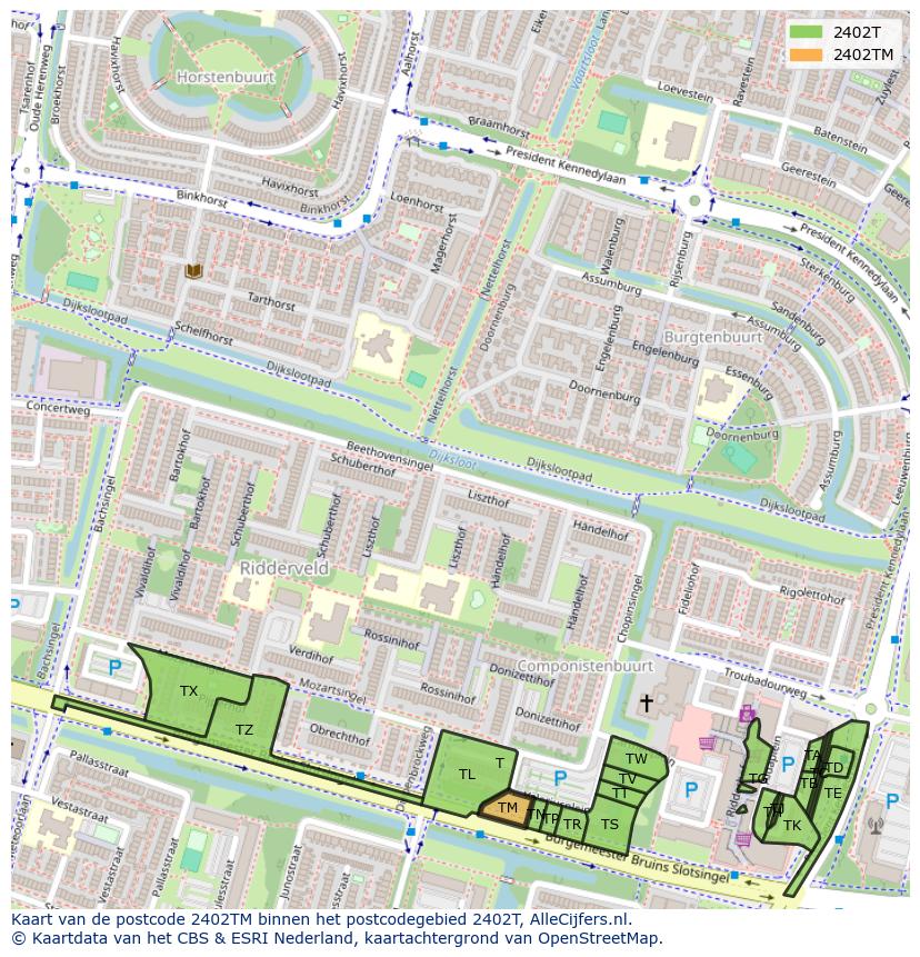 Afbeelding van het postcodegebied 2402 TM op de kaart.
