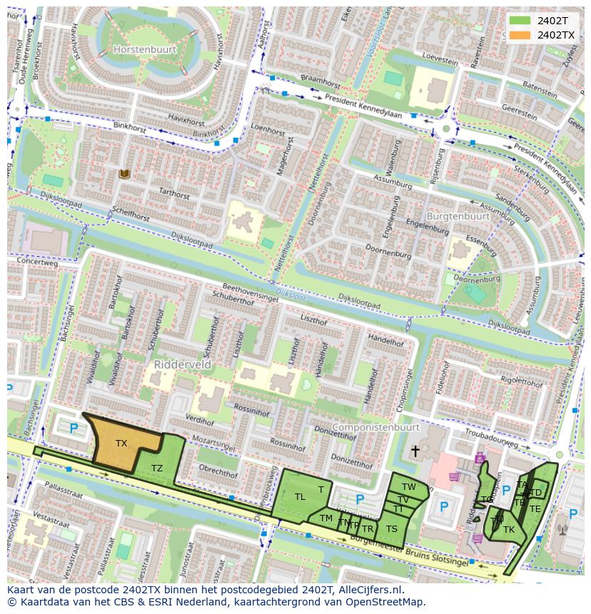 Afbeelding van het postcodegebied 2402 TX op de kaart.