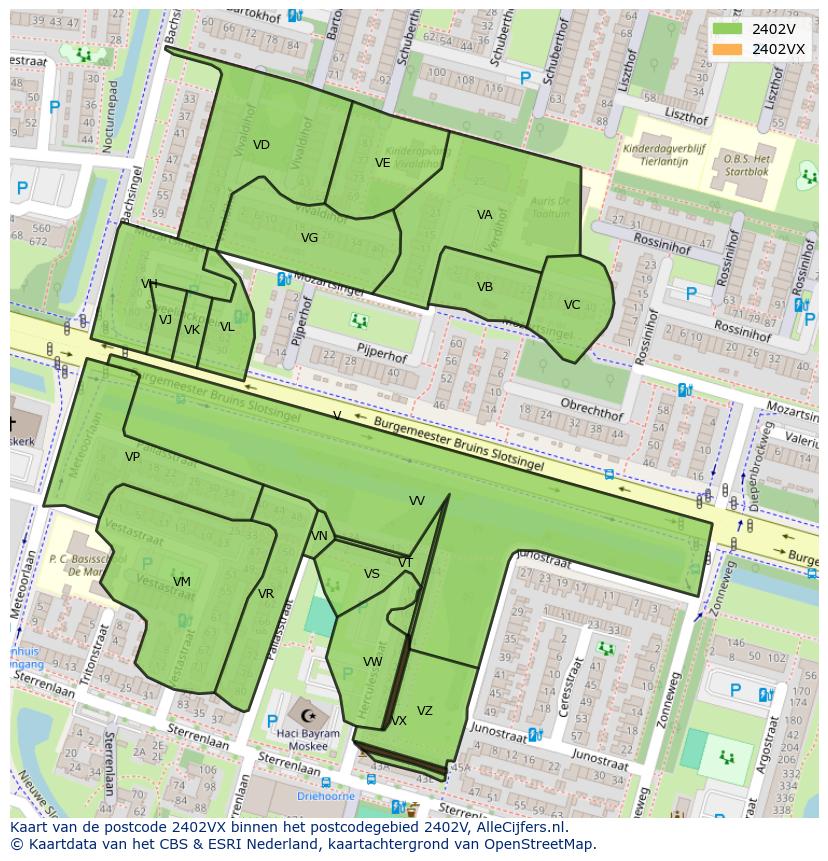 Afbeelding van het postcodegebied 2402 VX op de kaart.