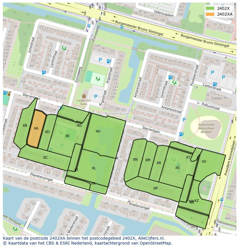 Afbeelding van het postcodegebied 2402 XA op de kaart.