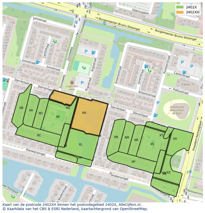 Afbeelding van het postcodegebied 2402 XH op de kaart.