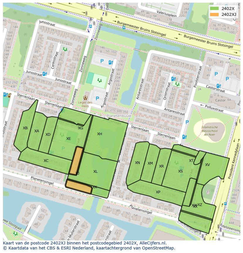 Afbeelding van het postcodegebied 2402 XJ op de kaart.