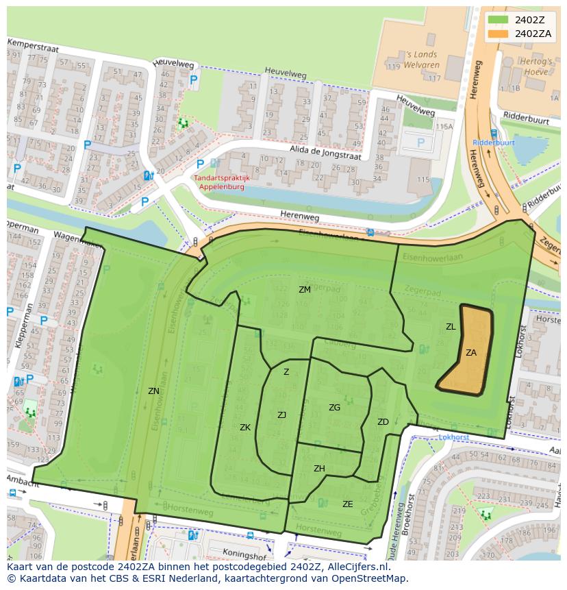 Afbeelding van het postcodegebied 2402 ZA op de kaart.