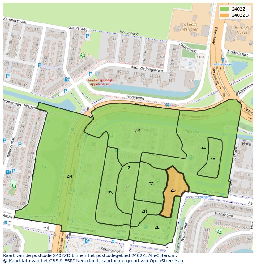 Afbeelding van het postcodegebied 2402 ZD op de kaart.