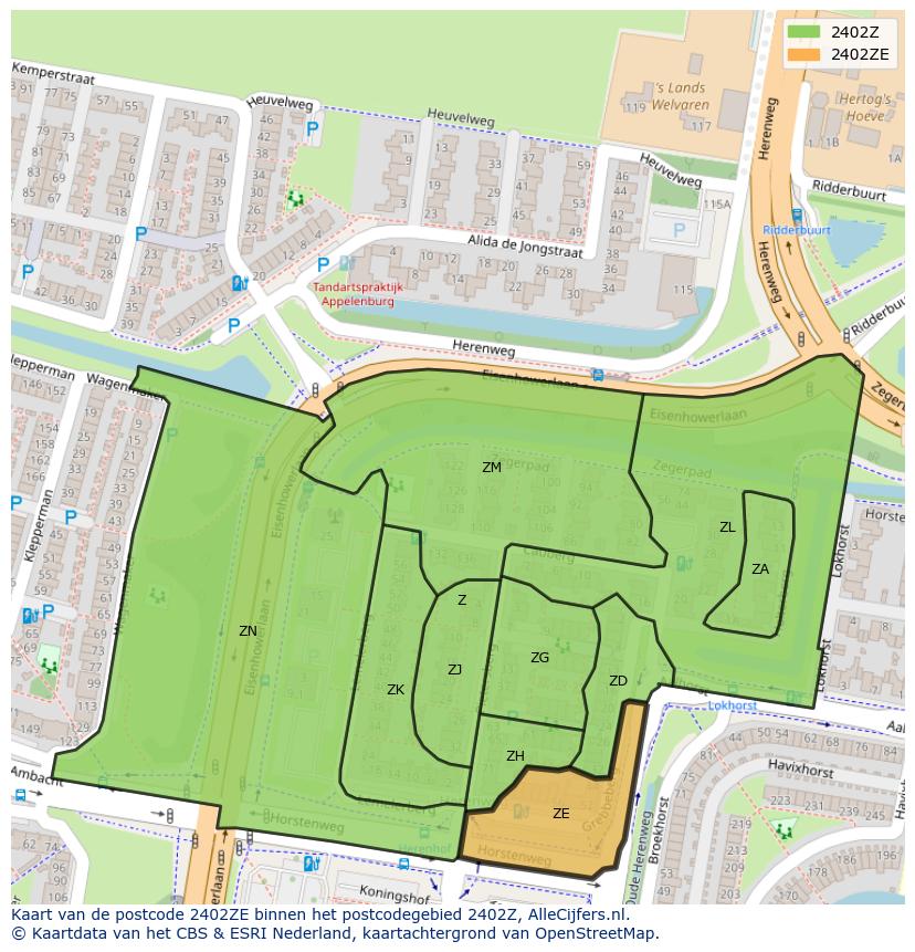 Afbeelding van het postcodegebied 2402 ZE op de kaart.