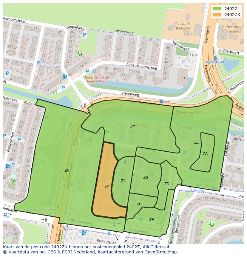 Afbeelding van het postcodegebied 2402 ZK op de kaart.
