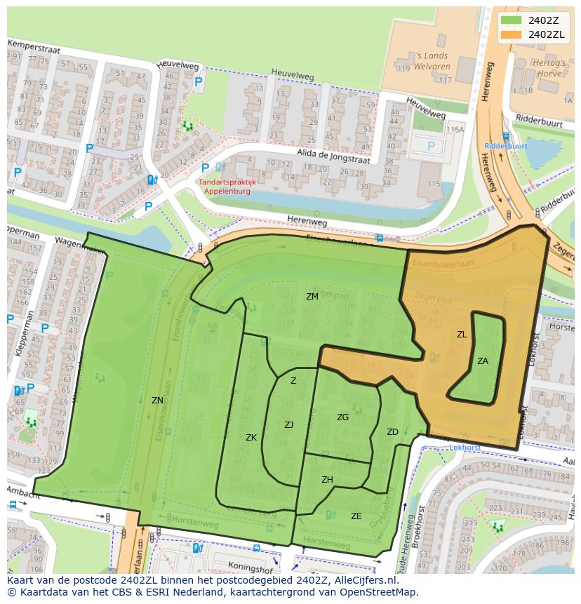 Afbeelding van het postcodegebied 2402 ZL op de kaart.