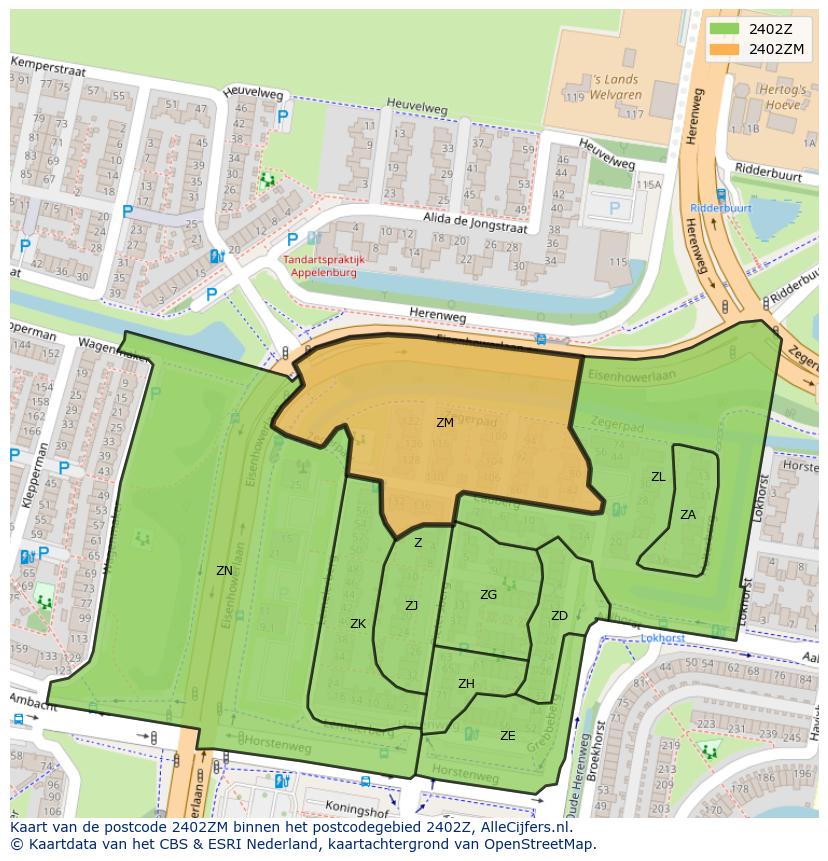 Afbeelding van het postcodegebied 2402 ZM op de kaart.