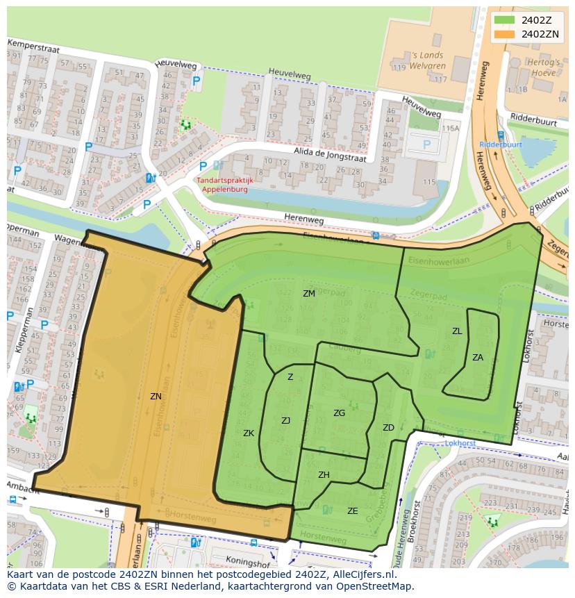 Afbeelding van het postcodegebied 2402 ZN op de kaart.