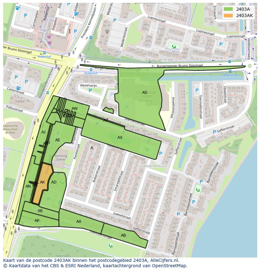 Afbeelding van het postcodegebied 2403 AK op de kaart.