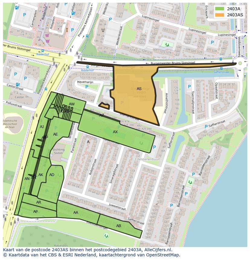 Afbeelding van het postcodegebied 2403 AS op de kaart.