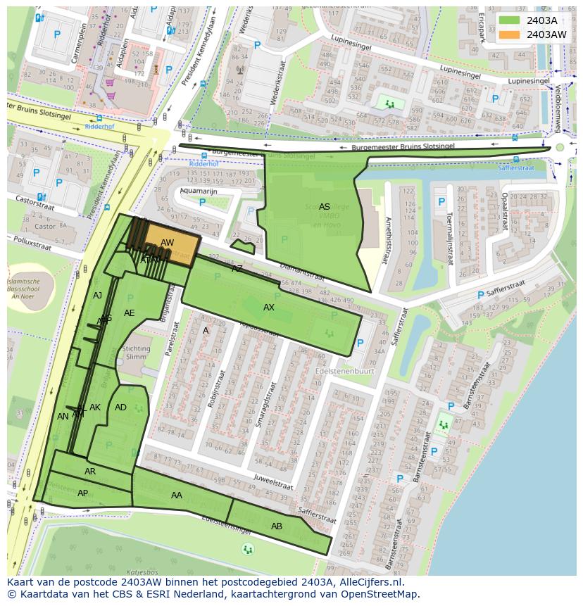 Afbeelding van het postcodegebied 2403 AW op de kaart.