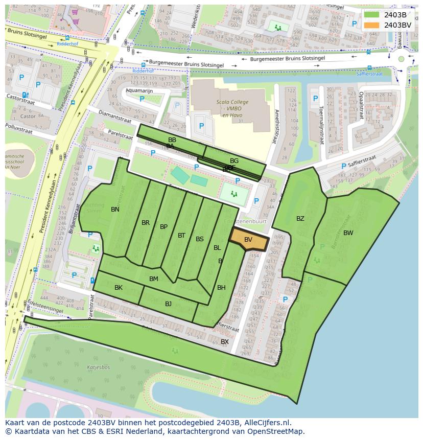Afbeelding van het postcodegebied 2403 BV op de kaart.