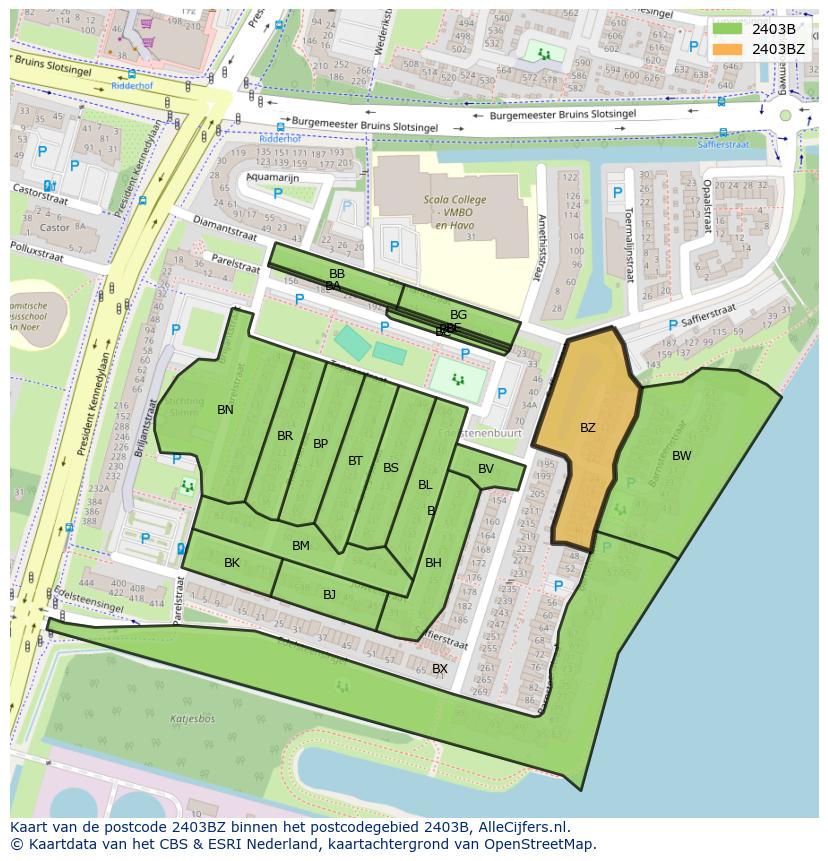 Afbeelding van het postcodegebied 2403 BZ op de kaart.