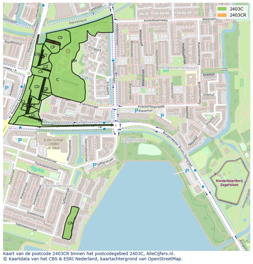 Afbeelding van het postcodegebied 2403 CR op de kaart.