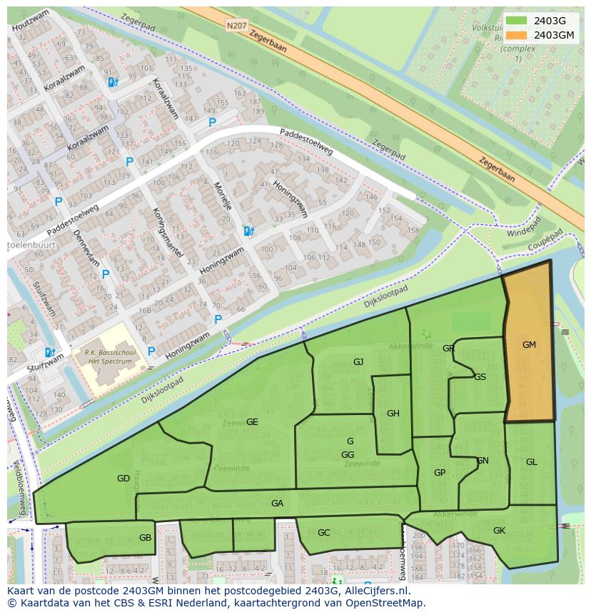 Afbeelding van het postcodegebied 2403 GM op de kaart.