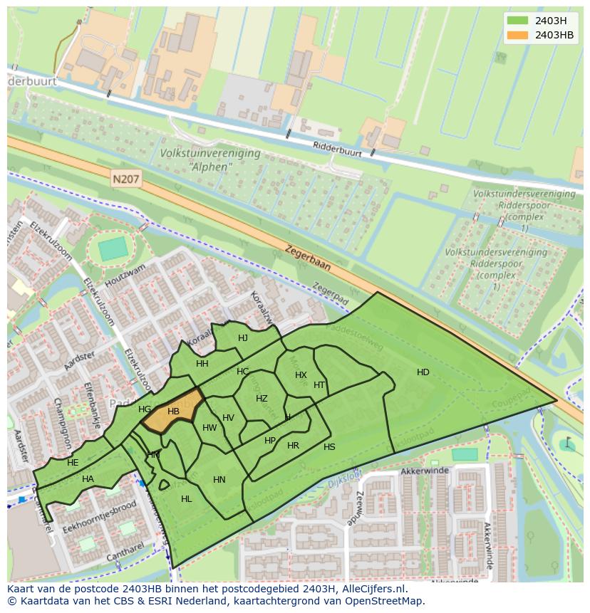 Afbeelding van het postcodegebied 2403 HB op de kaart.