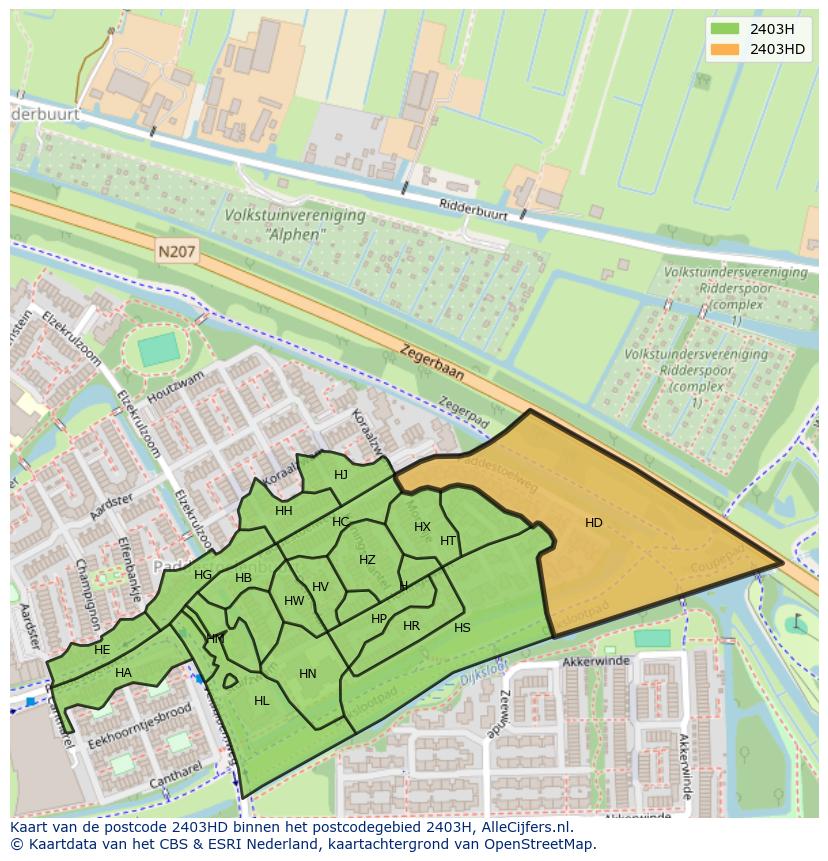 Afbeelding van het postcodegebied 2403 HD op de kaart.