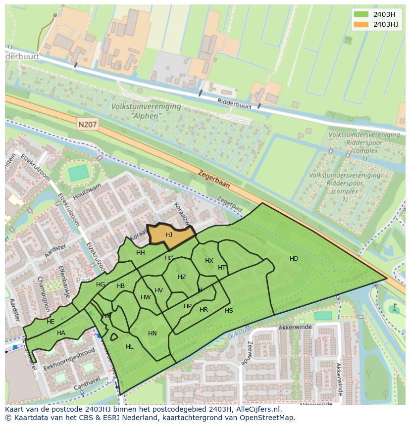 Afbeelding van het postcodegebied 2403 HJ op de kaart.