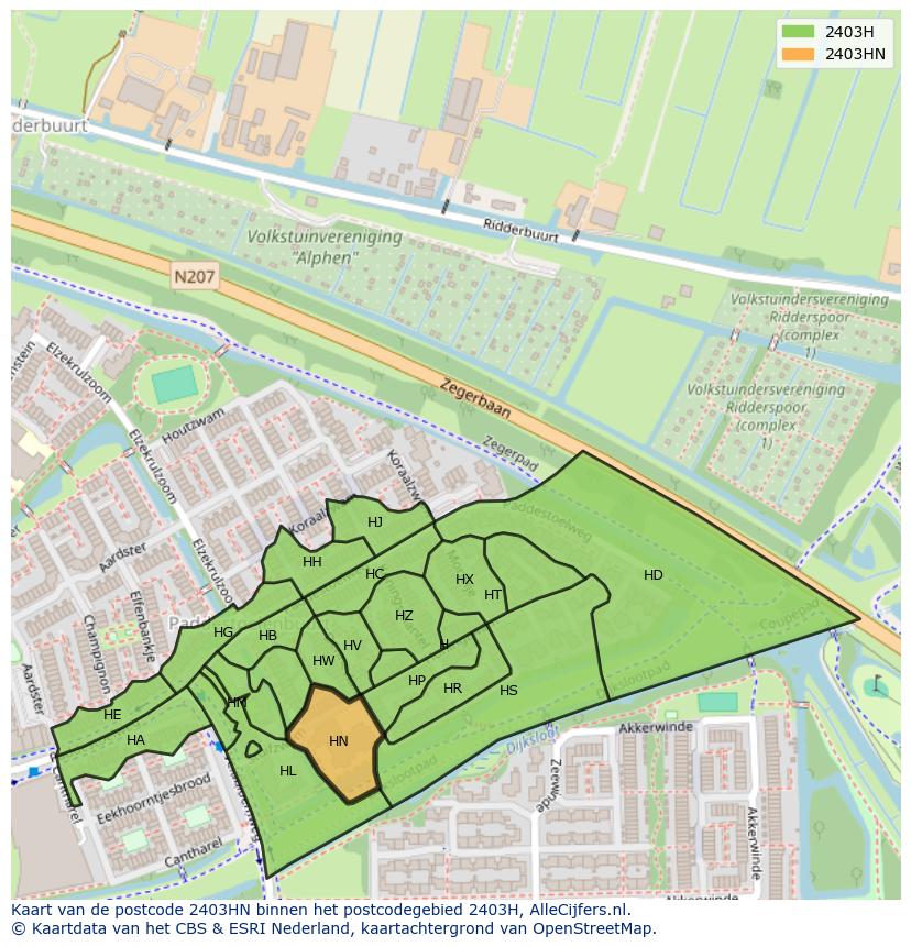 Afbeelding van het postcodegebied 2403 HN op de kaart.