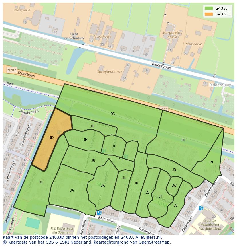 Afbeelding van het postcodegebied 2403 JD op de kaart.