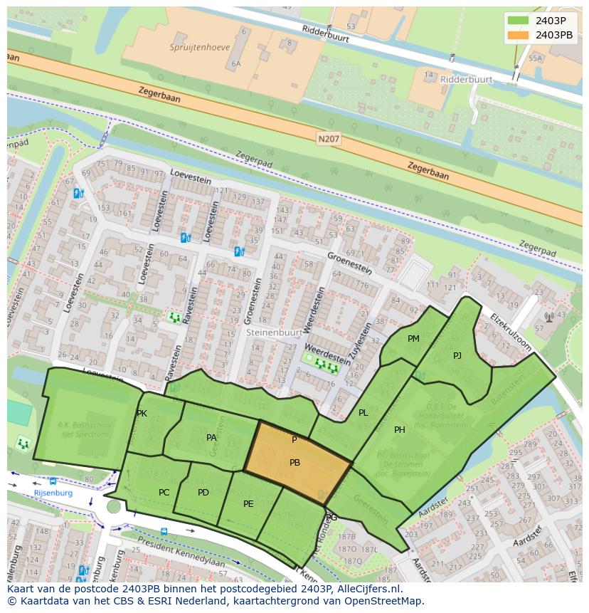 Afbeelding van het postcodegebied 2403 PB op de kaart.