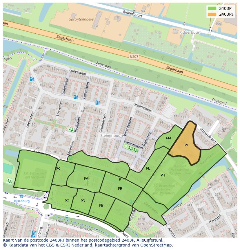 Afbeelding van het postcodegebied 2403 PJ op de kaart.