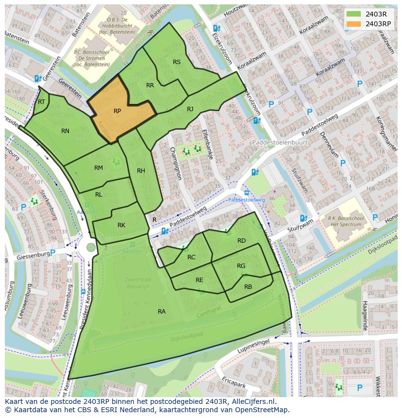 Afbeelding van het postcodegebied 2403 RP op de kaart.
