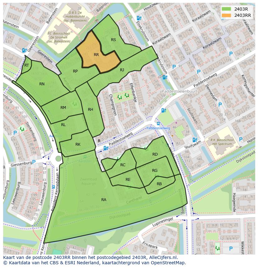 Afbeelding van het postcodegebied 2403 RR op de kaart.
