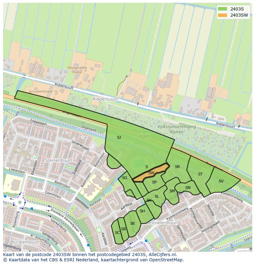 Afbeelding van het postcodegebied 2403 SW op de kaart.