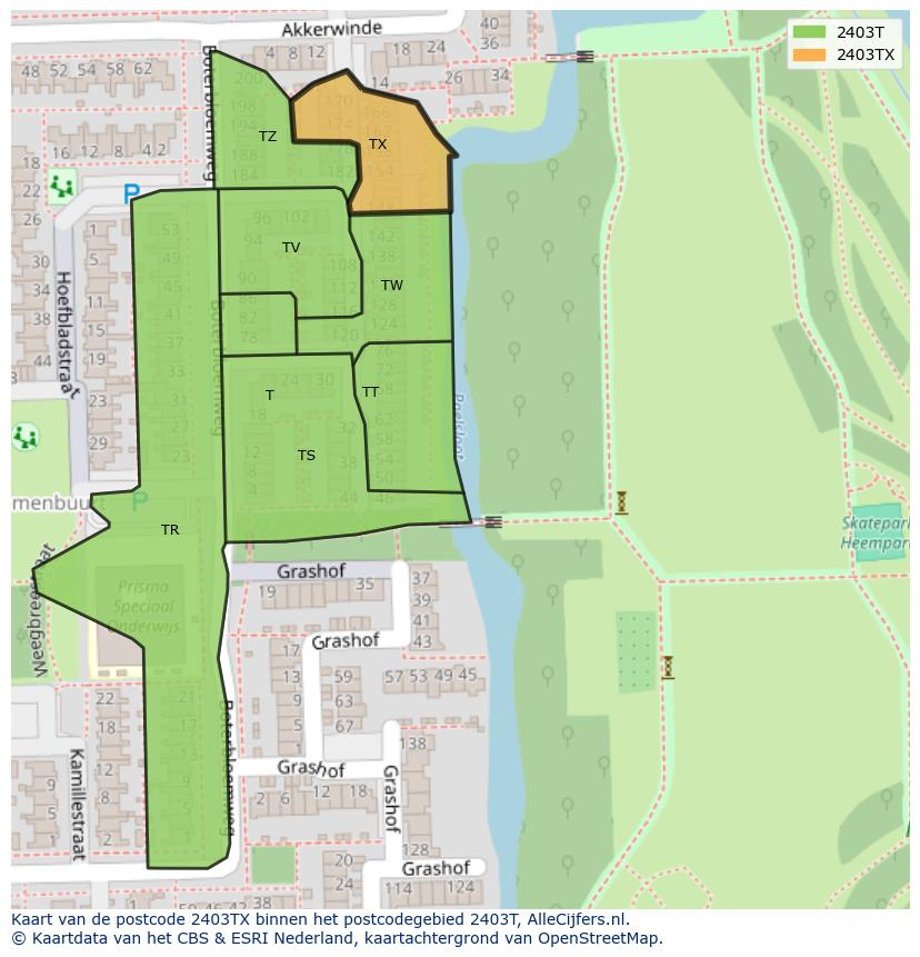 Afbeelding van het postcodegebied 2403 TX op de kaart.