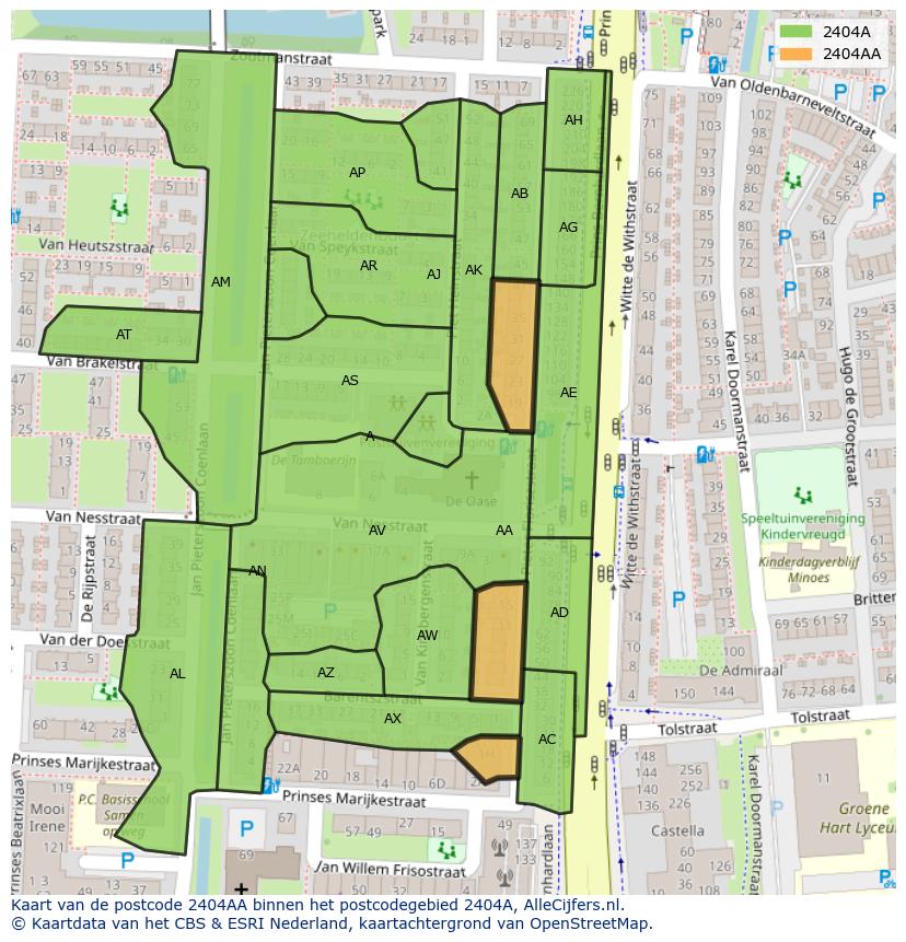 Afbeelding van het postcodegebied 2404 AA op de kaart.