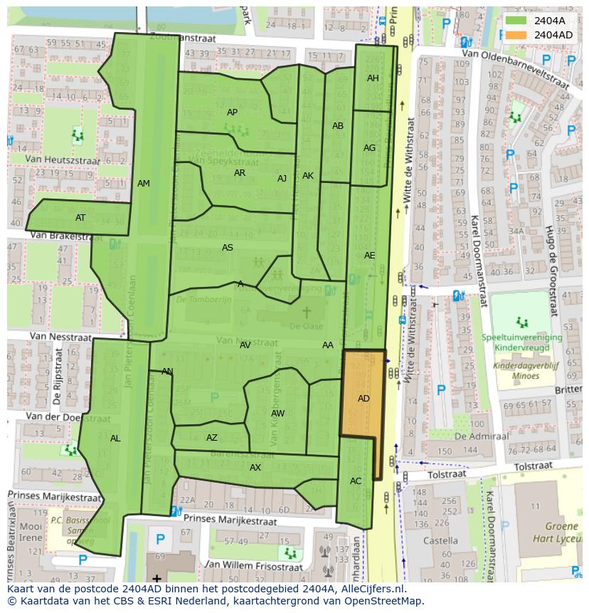 Afbeelding van het postcodegebied 2404 AD op de kaart.