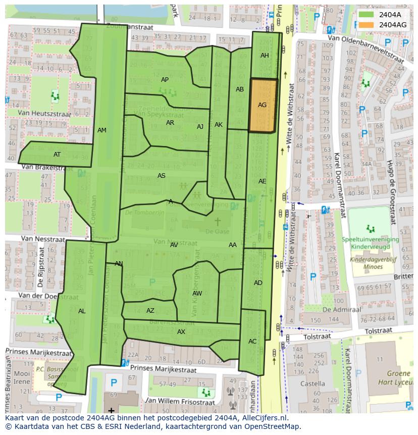 Afbeelding van het postcodegebied 2404 AG op de kaart.