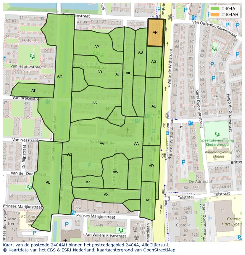 Afbeelding van het postcodegebied 2404 AH op de kaart.