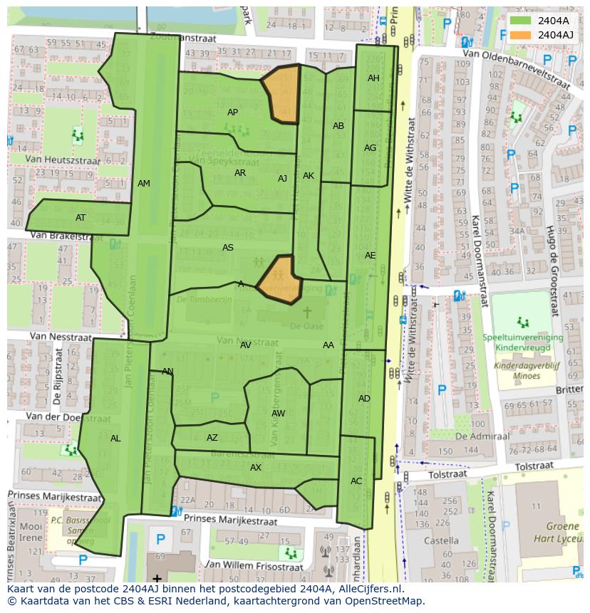 Afbeelding van het postcodegebied 2404 AJ op de kaart.
