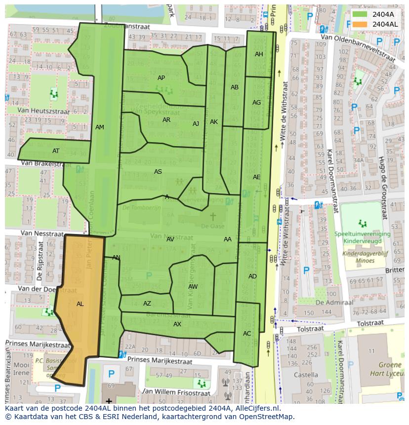 Afbeelding van het postcodegebied 2404 AL op de kaart.